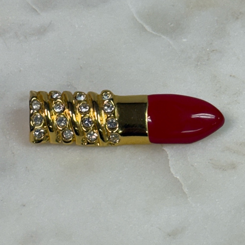 Vintage Rhinestone Red & Gold Tone Lipstick Brooch Pin